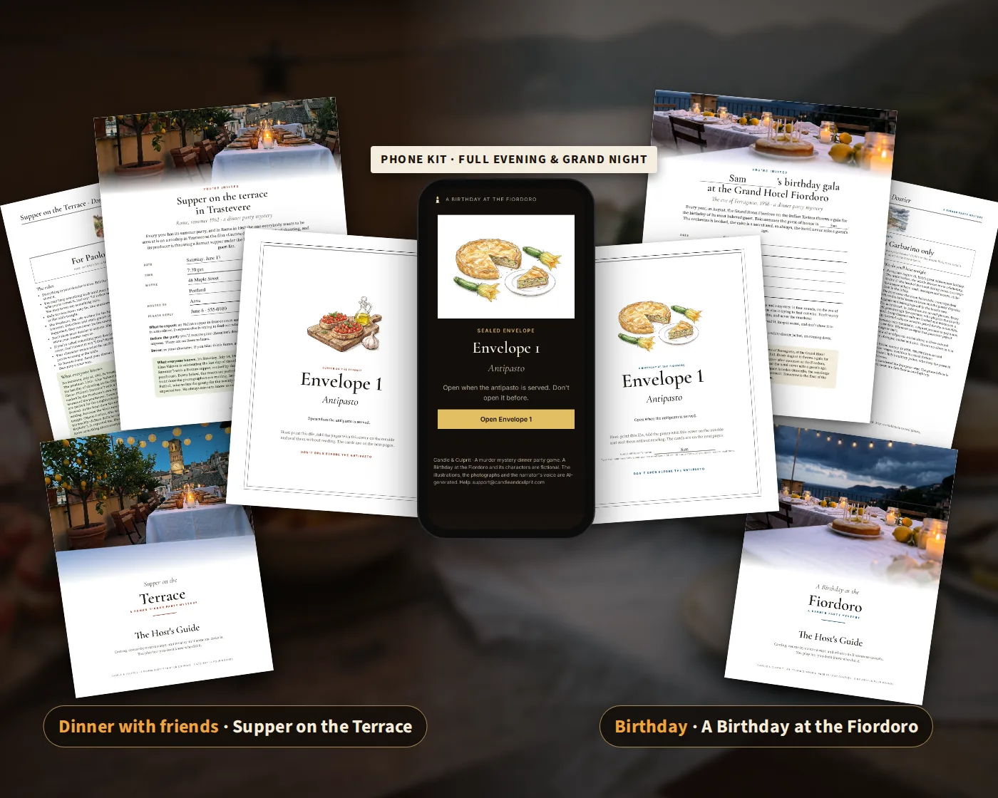 Real pages from the Supper on the Terrace and A Birthday at the Fiordoro kits beside the phone kit on two dinner tables