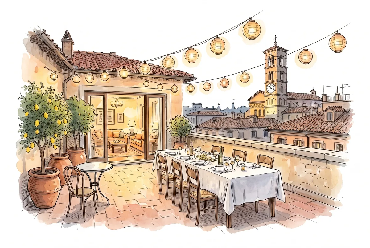 Watercolor illustration for Supper on the Terrace