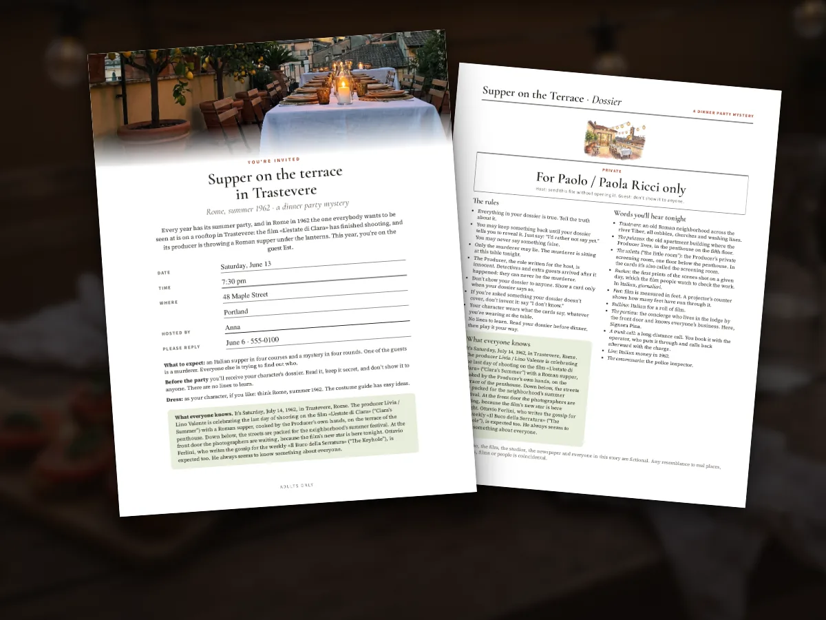 The invitation and a detective's dossier from Supper on the Terrace