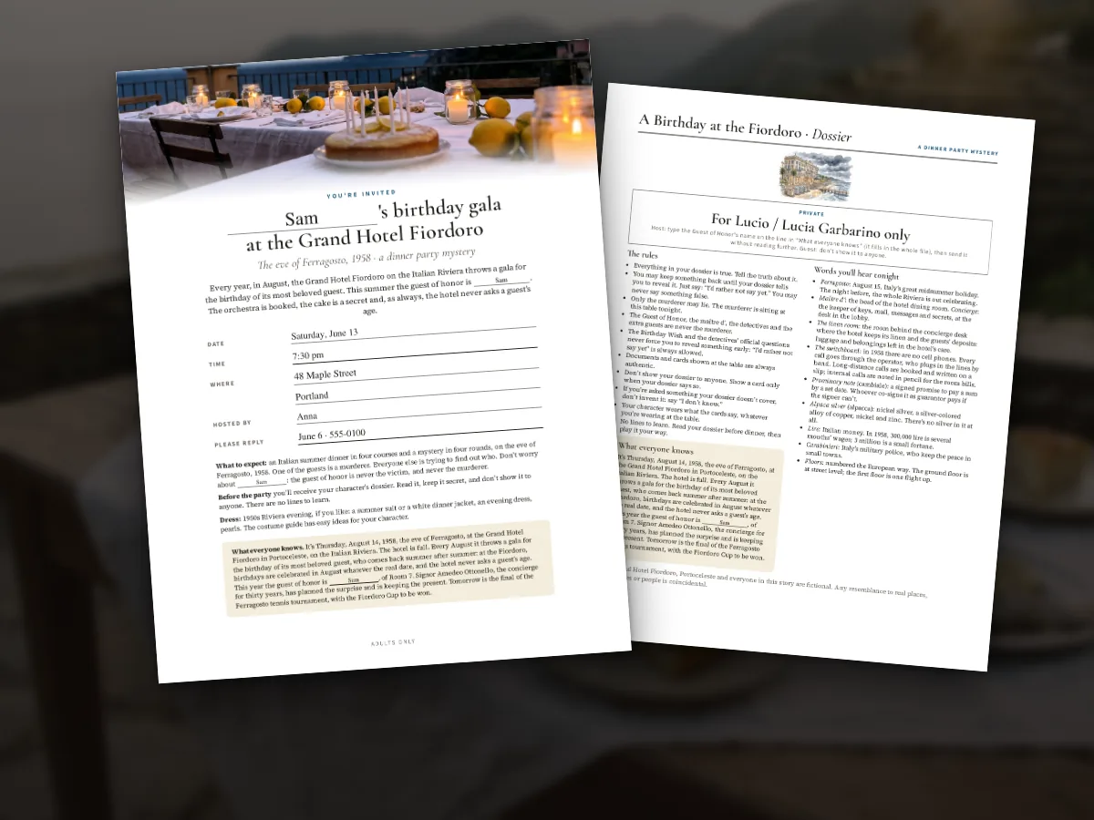 The invitation and a detective's dossier from A Birthday at the Fiordoro