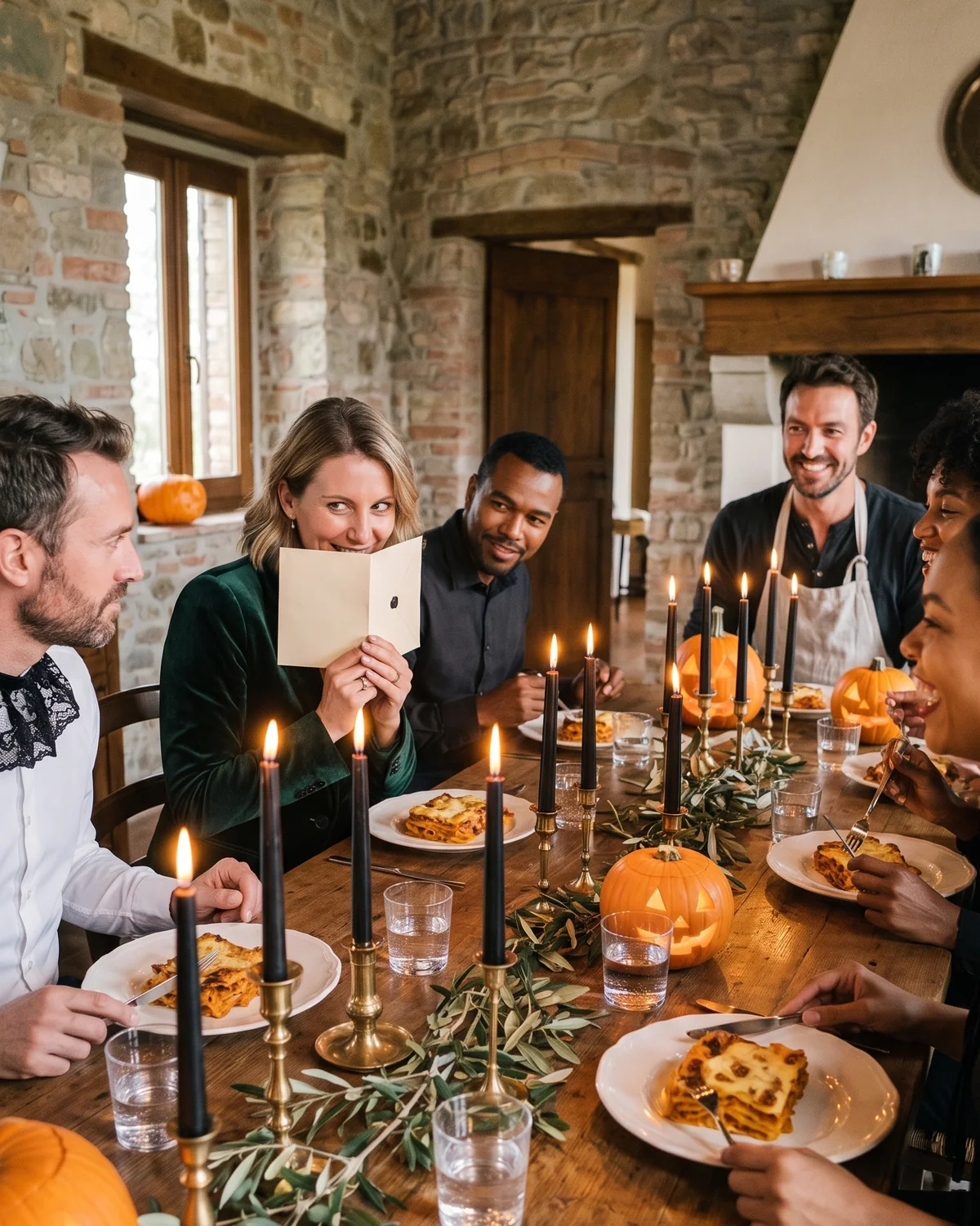 Friends sharing secrets around a candlelit dinner table