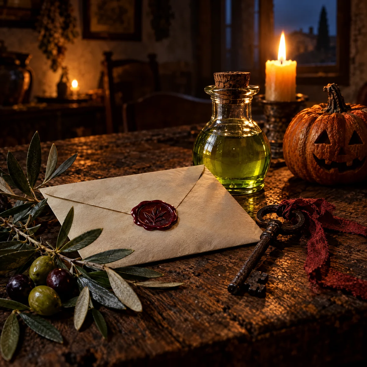 A sealed Villa Serafina envelope beside olive oil and a pumpkin